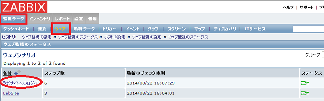 Zabbix ウェブ監視のステータス zabbix-webmonitor-status